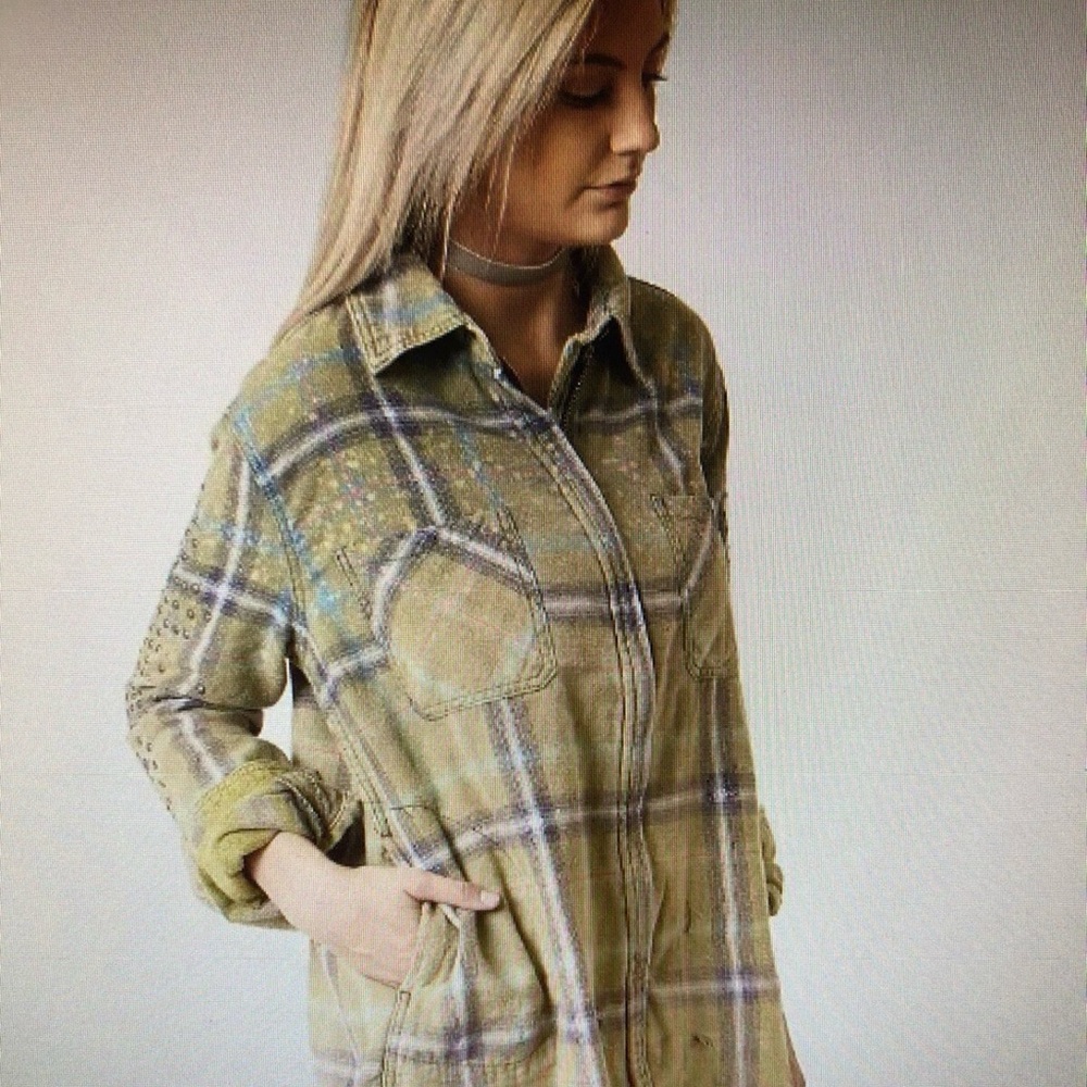 Free People Washed & Destructed Plaid Studded Fringe Ripped Shacket M